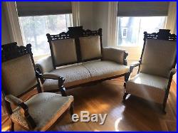 3 Piece Antique Victorian Eastlake Settee Set Carved Parlor Set 2 side chairs