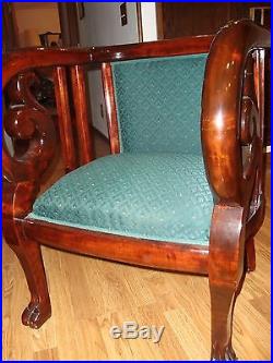 3 piece 1880s Mahogany Empire-style Parlor Settee, rocker, chair