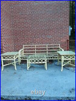 3pc Ficks Reed MCM 1950s Bamboo Rattan Sofa and 2 Side tables and coffee tables