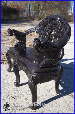 48 Antique Japanese Meiji High Relief Dragon Carved Figural Bench Settee Seat