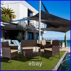 4PCS Outdoor Patio Rattan Furniture Set Cushioned Sofa Coffee Table Deck Brown