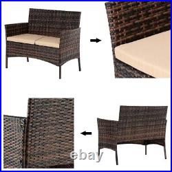 4PCS Outdoor Patio Rattan Furniture Set Cushioned Sofa Coffee Table Deck Brown