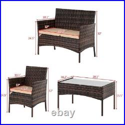 4PCS Outdoor Patio Rattan Furniture Set Cushioned Sofa Coffee Table Deck Brown