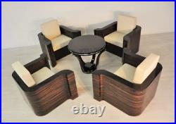 4 Art Deco Sessel mit Armlehnen aus Makassar und Beistelltisch