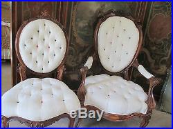 4 pc Antique Carved Rosewood Chaise/settee/chairs Parlor set Silk upholstery