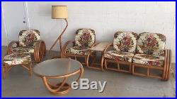 8 piece vintage rattan suite set sofa chairs side coffee tables lamp Paul Frankl