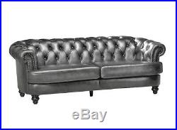 95 inch Chesterfield Sofa Gray Premium Real Top Grain Leather Restoration Style