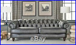 95 inch Chesterfield Sofa Gray Premium Real Top Grain Leather Restoration Style