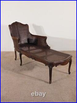 ANTIQUE 1940s French Louis XV Walnut & Cane Chaise Lounge