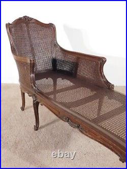 ANTIQUE 1940s French Louis XV Walnut & Cane Chaise Lounge