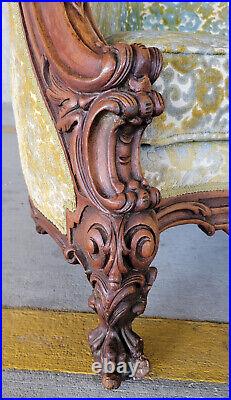 ANTIQUE 19c. ELABORATE CARVED WOOD RENAISSANCE REVIVAL SOFA BALL and CLAW FEET