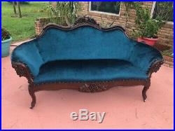 ANTIQUE French Victorian SETTEE SOFA DARK TEAL CARVED GRAPES Newly recovered