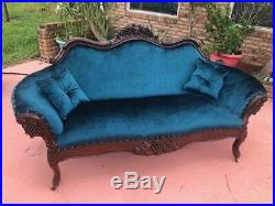 ANTIQUE French Victorian SETTEE SOFA DARK TEAL CARVED GRAPES Newly recovered