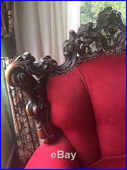 ANTIQUE Red French Rococo style ornate chair sofa one pair