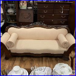ATQ 1910s Hand Carved Solid Mahogany Wood Pink Chinioti / Empire Sofa Couch 78L
