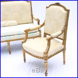 A Louis XVI Style Giltwood Settee & Fauteuil 19th Century Silk Upholstery French