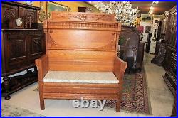 American Antique Oak Wooden Cushioned Entryway Bedroom Bench with Storage c. 1880
