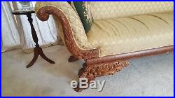 American Empire Classical Carved Mahogany Scroll Arm Antique Sofa