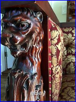 American Mahogany Carved Figural Lion/Griffin Sofa With Tufted Back Italian Fabric