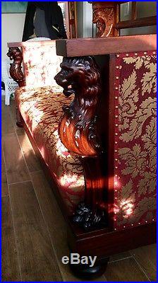 American Mahogany Carved Figural Lion/Griffin Sofa With Tufted Back Italian Fabric
