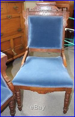 American Victorian Eastlake Parlor Set Settee and Side Chair in Blue Velvet