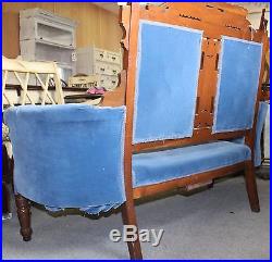 American Victorian Eastlake Parlor Set Settee and Side Chair in Blue Velvet