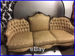 Anitque Victorian Sofa with Wood Carving and Gold Fabric