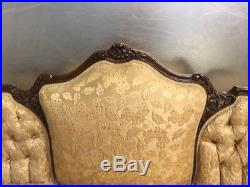 Anitque Victorian Sofa with Wood Carving and Gold Fabric