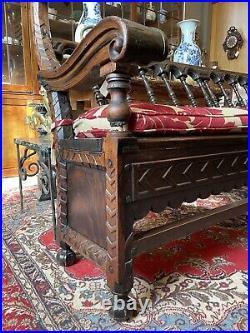 Antique 17th Century Venetian Walnut Palatial Settle Hall Bench withCustom Cushion