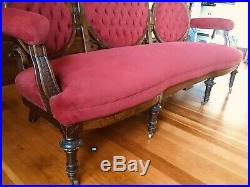 Antique 1800 Victorian Sofa Couch Settee Ornate Carved Red Tufted Revival Curved