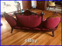 Antique 1800 Victorian Sofa Couch Settee Ornate Carved Red Tufted Revival Curved