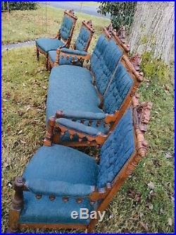 Antique 1800s 4 Pc Eastlake Victorian Parlor Suite Carved Ornate Settee Chairs