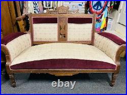 Antique 1800s Eastlake Settee Victorian Parlor Sofa Couch Burled Walnut Carved