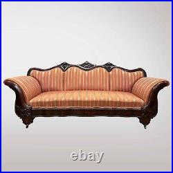 Antique 1840s Rolled Arm Carved Mahogany Curved Frame Sofa