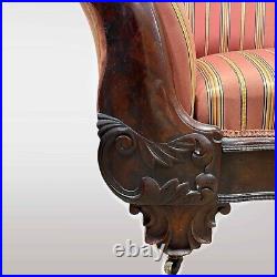 Antique 1840s Rolled Arm Carved Mahogany Curved Frame Sofa