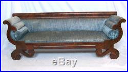 Antique 1840s Victorian Empire Rococo Scroll Foot Flame Mahogany Bench Sofa