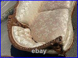 Antique 1920s French Sofa & Chair Carved Victorian Birds Violin Silk Bombay Rose
