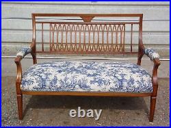 Antique 19th C. French Louis XVI Style Fretwork Carved Toile Upholstered Settee