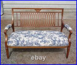 Antique 19th C. French Louis XVI Style Fretwork Carved Toile Upholstered Settee