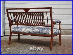 Antique 19th C. French Louis XVI Style Fretwork Carved Toile Upholstered Settee