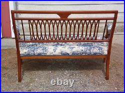 Antique 19th C. French Louis XVI Style Fretwork Carved Toile Upholstered Settee