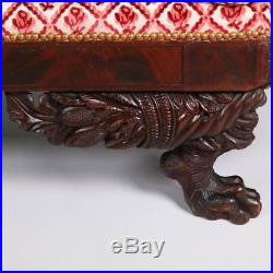Antique American Empire Classical Carved Flame Mahogany Scroll Arm Sofa