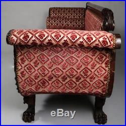 Antique American Empire Classical Carved Flame Mahogany Scroll Arm Sofa