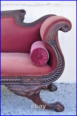 Antique American Empire Mahogany Frame Carved Paw Feet Scroll Arm Sofa
