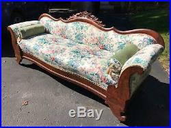 Antique American Empire Sofa Couch Flame Mahogany Carved Crest 1850s W. Chicago