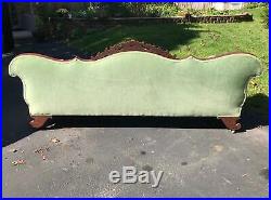 Antique American Empire Sofa Couch Flame Mahogany Carved Crest 1850s W. Chicago