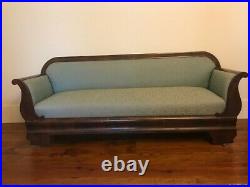 Antique American Empire Sofa Couch Mahogany BEAUTIFUL UPHOLSTERY Blue Green