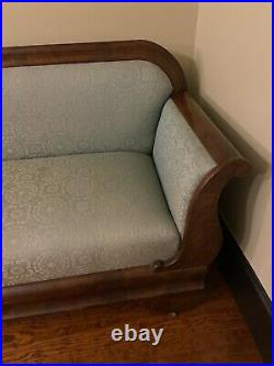 Antique American Empire Sofa Couch Mahogany BEAUTIFUL UPHOLSTERY Blue Green