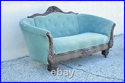 Antique American Victorian Empire Crotch Mahogany Green Mohair Serpentine Sofa