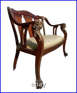 Antique Art Nouveau Mahogany Settee With Figural Carvings Attributed Rj Horner